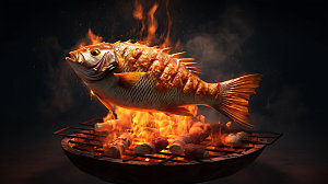 炭烤烤鱼美食麻辣摄影图
