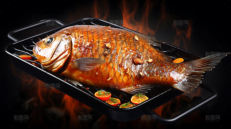 炭烤烤鱼夏日美食摄影图