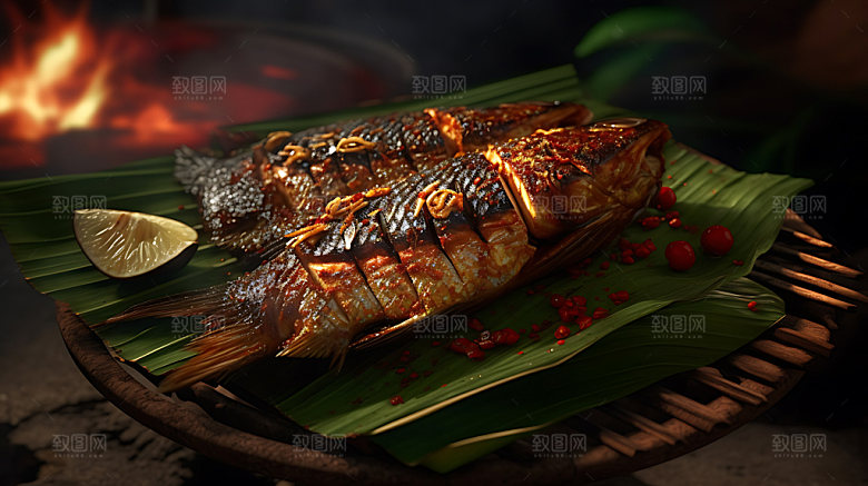 炭烤烤鱼美食特写摄影图