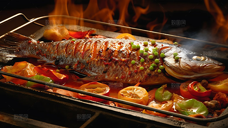 炭烤烤鱼夏日美食摄影图