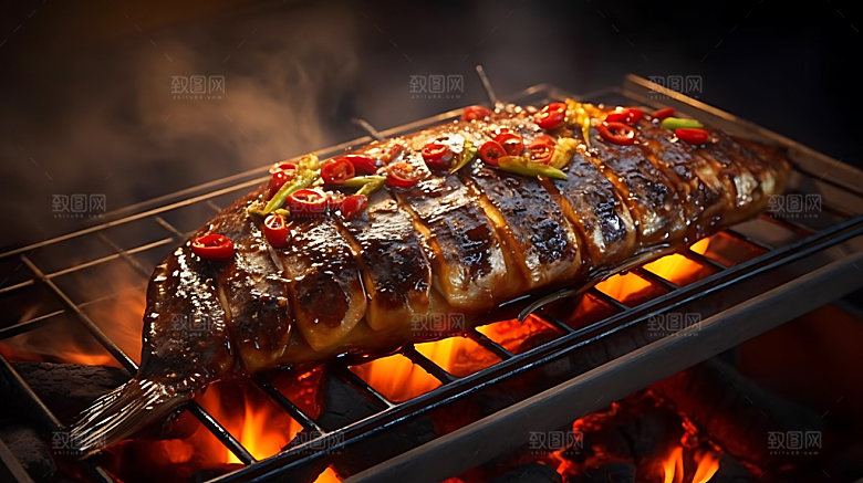 炭烤烤鱼烧烤夏季摄影图