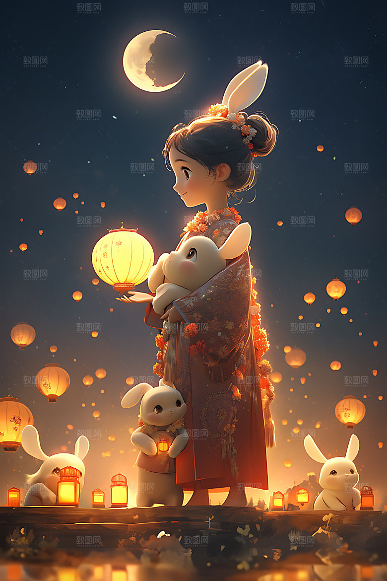 中秋玉兔嫦娥唯美人物模型