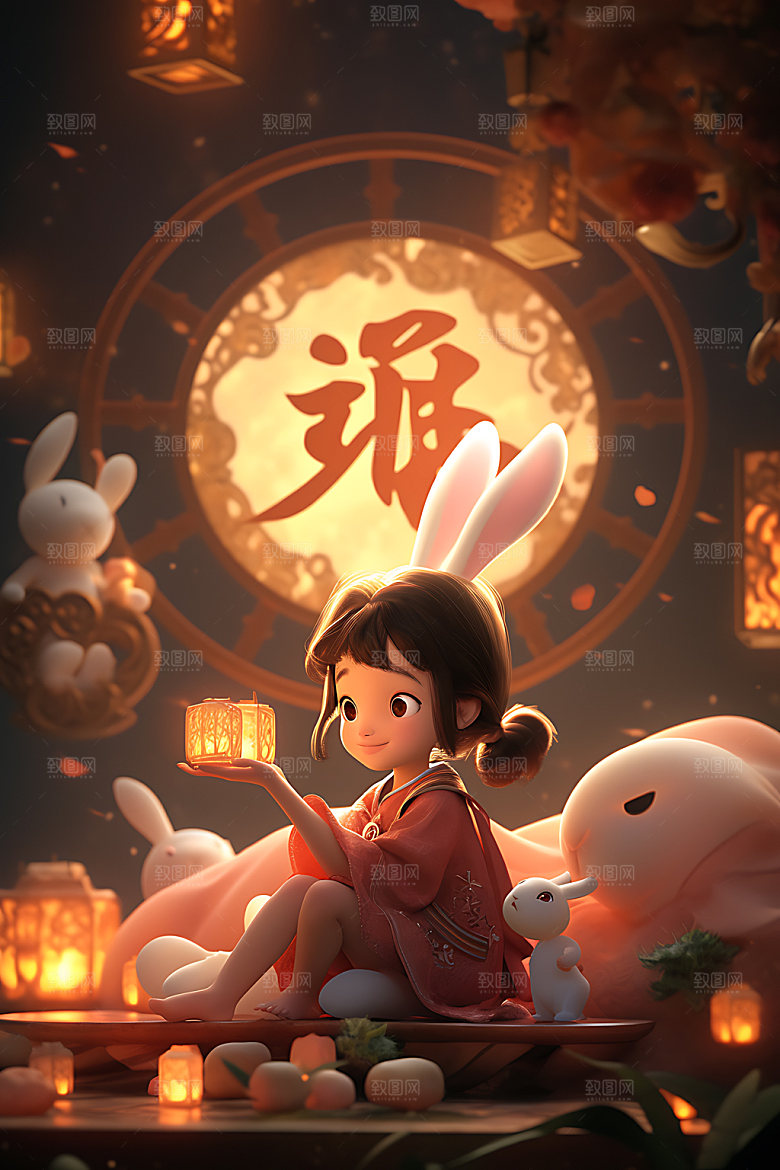 中秋玉兔月圆3D人物模型