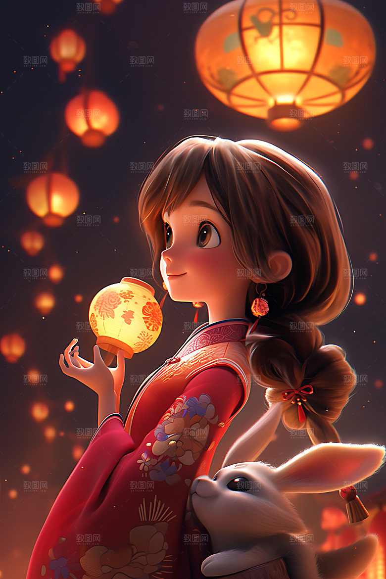 中秋玉兔唯美月圆人物模型