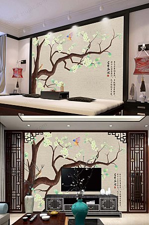 中式手绘工笔花鸟装饰画背景墙