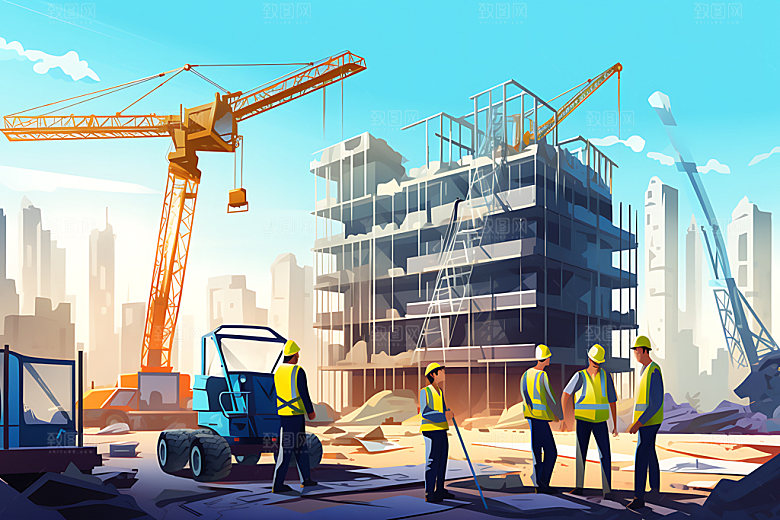 建筑工地工人建造插画