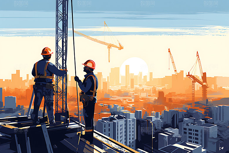 建筑工地搭建工人插画