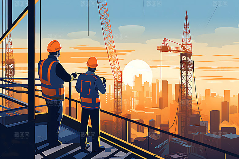 建筑工地工人搭建插画