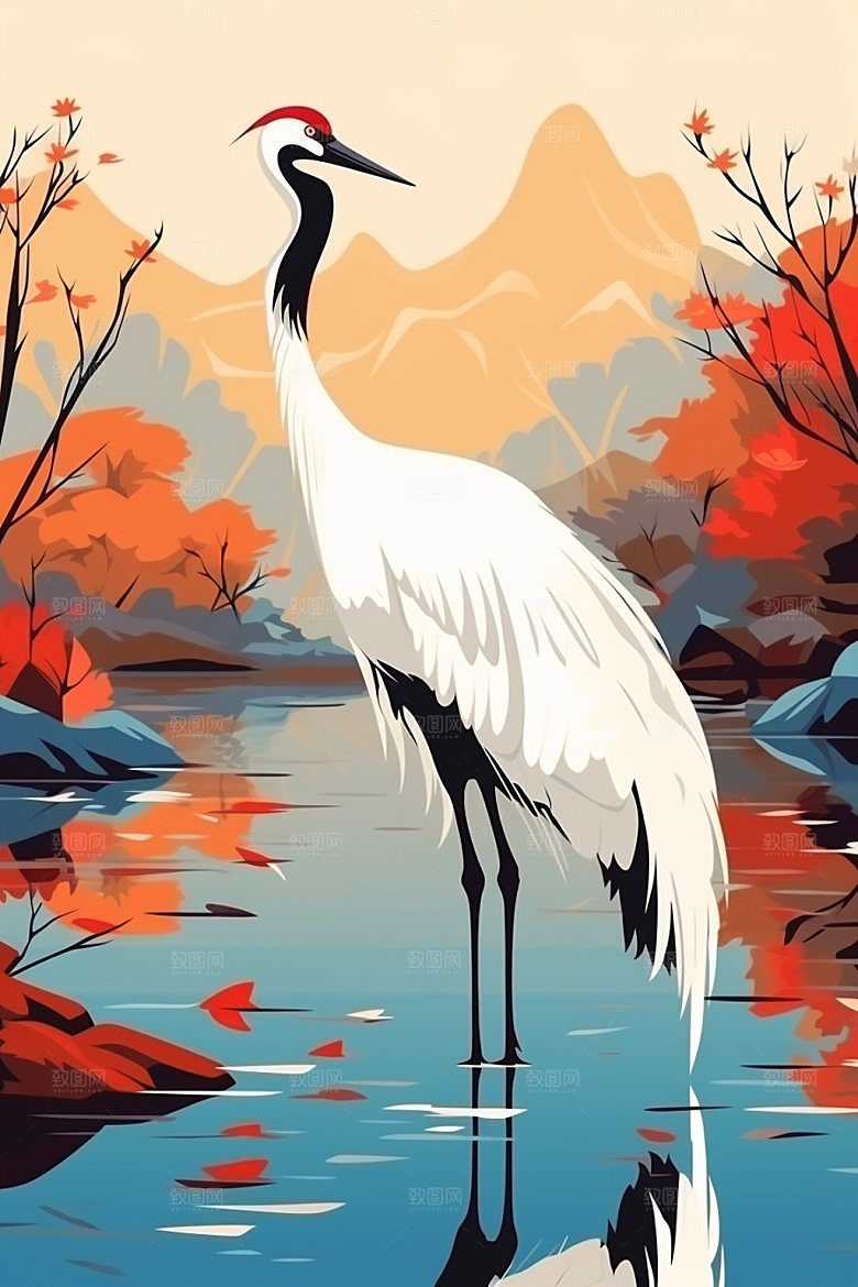 白露湖边深秋插画