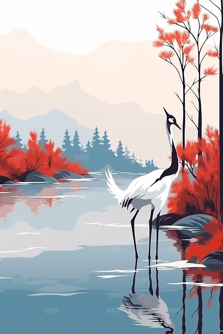 白露水边秋景插画
