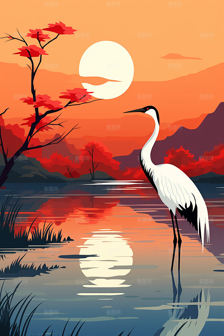 白露深秋山水插画