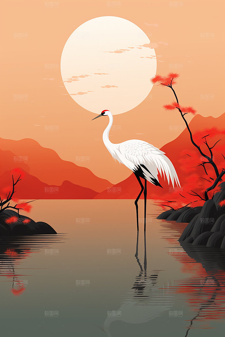 白露节气湖边插画