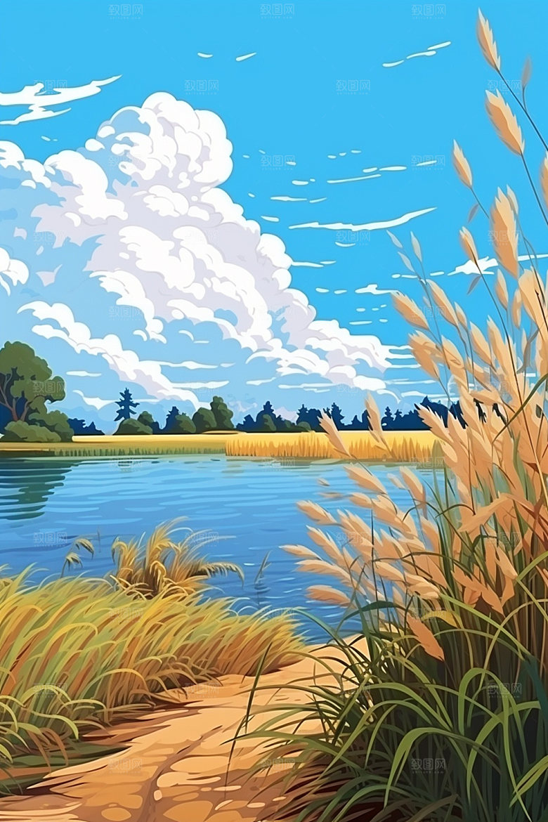 白露深秋水边插画