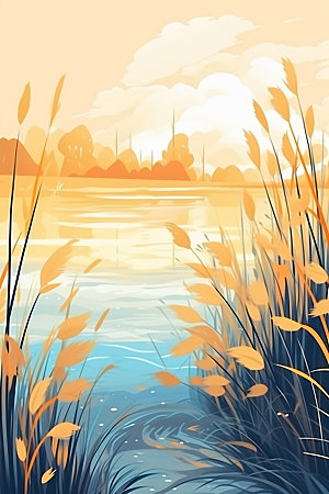 白露湖边自然插画