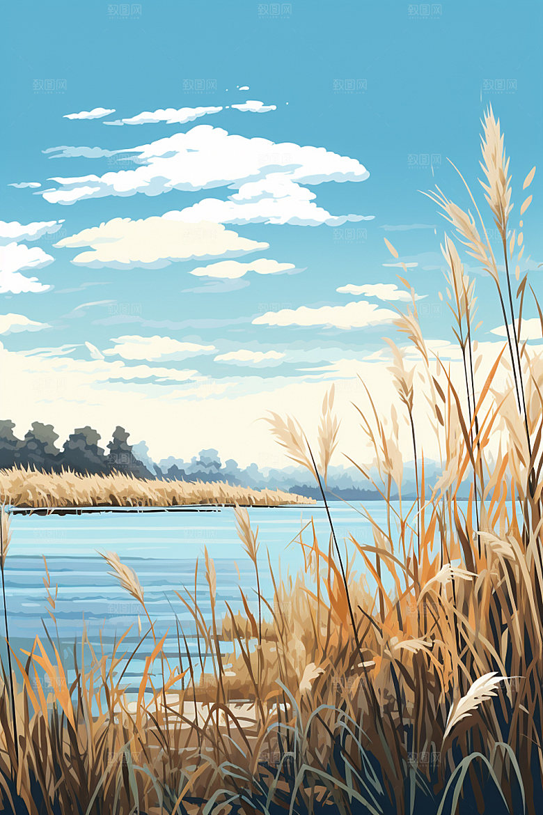 白露水边风光插画