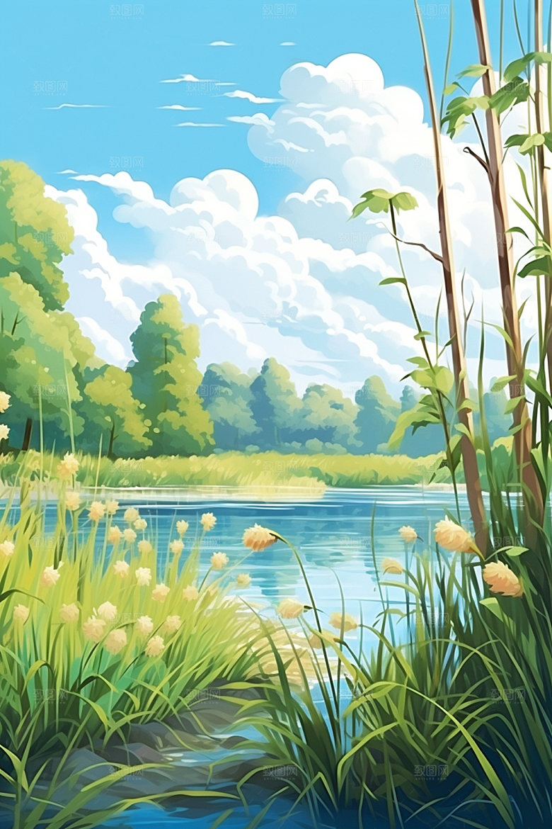 白露湖边艺术插画