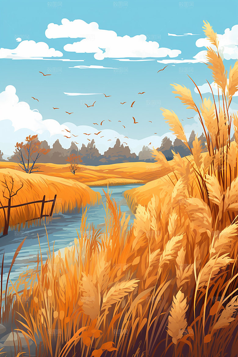 白露湖边深秋插画