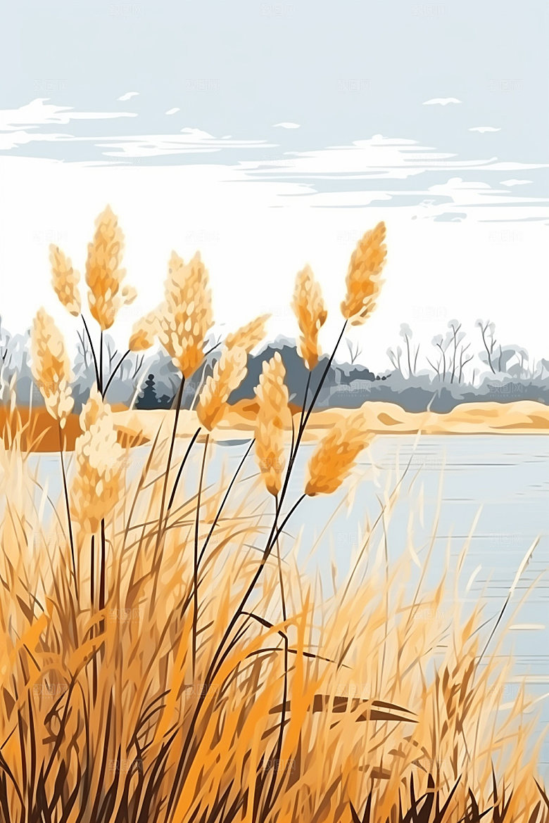 白露湖边风光插画