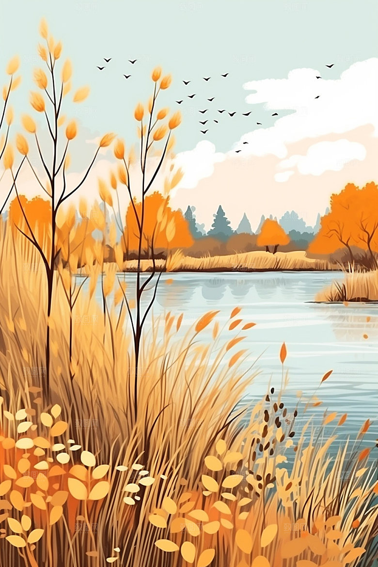 白露湖边秋景插画
