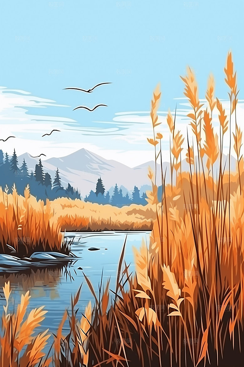 白露湖边节气插画
