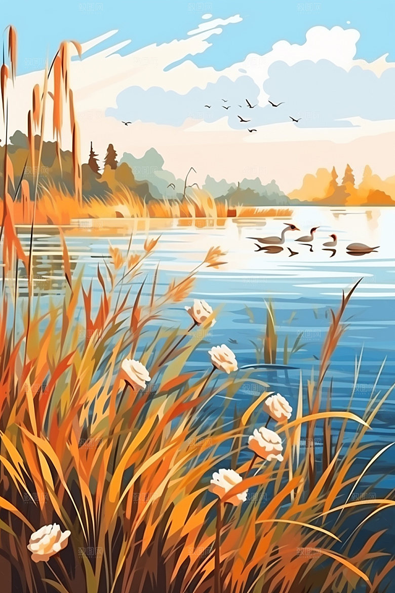 白露湖边秋景插画