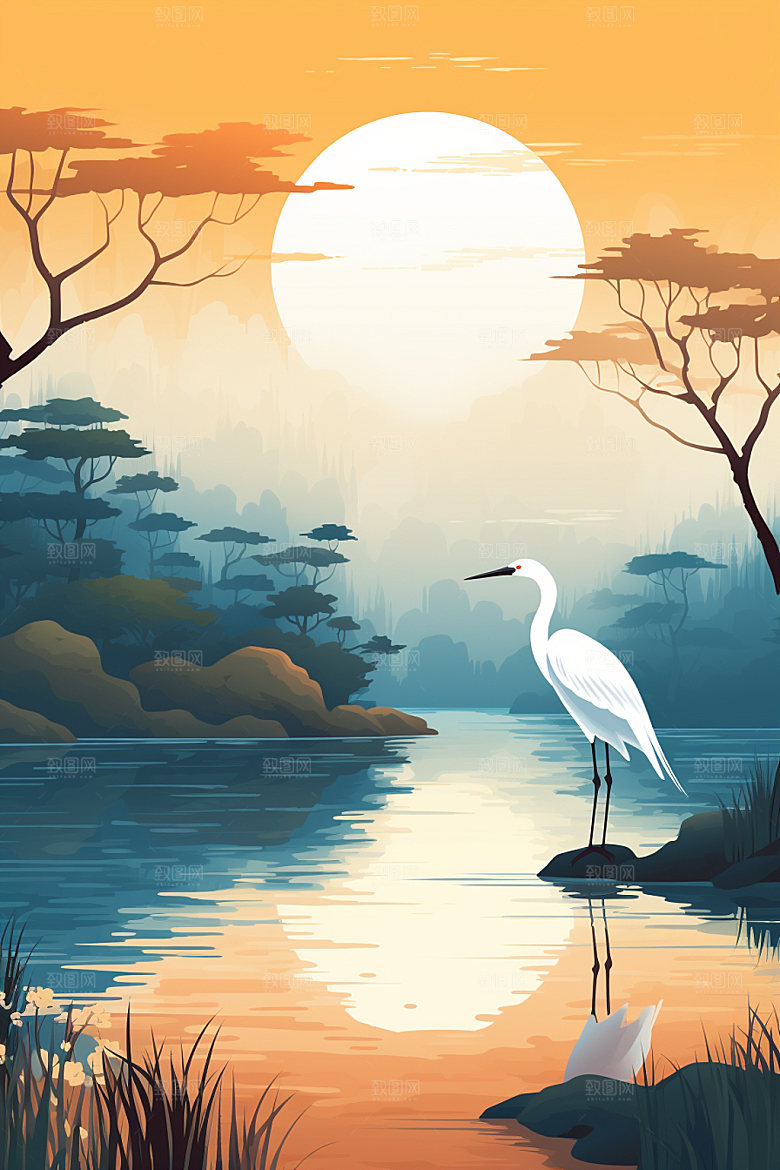白露水边艺术插画