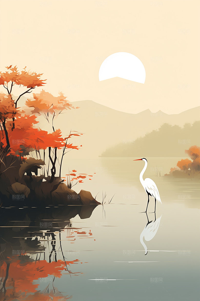 白露水边湖边插画