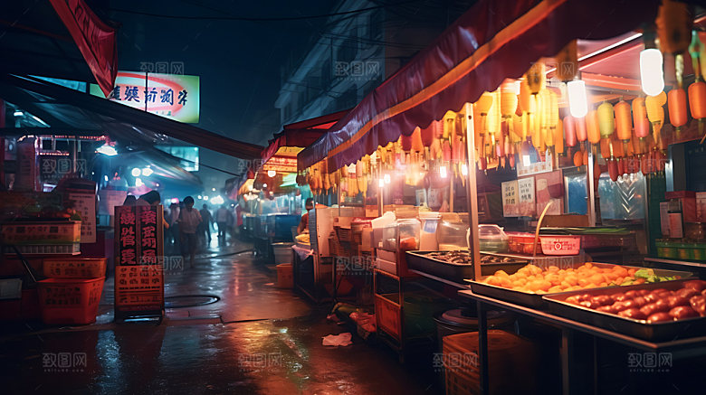 夜市小吃摆摊摄影图