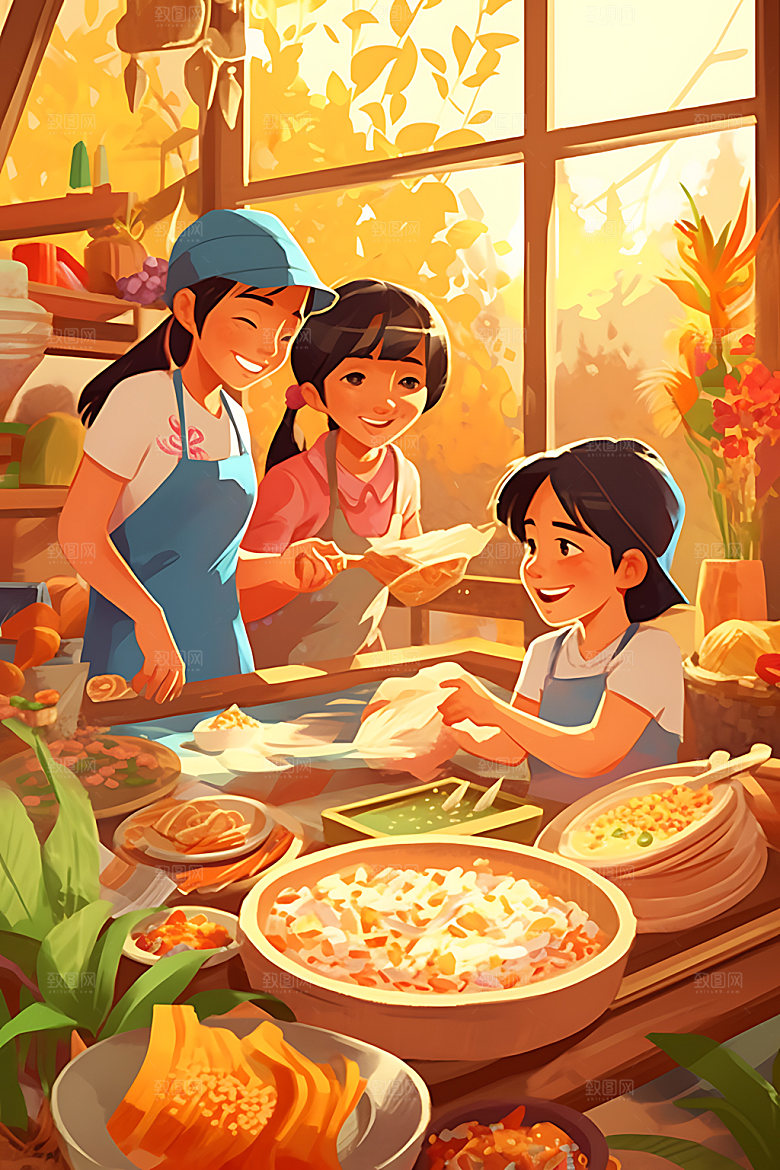 包粽子手绘人物插画