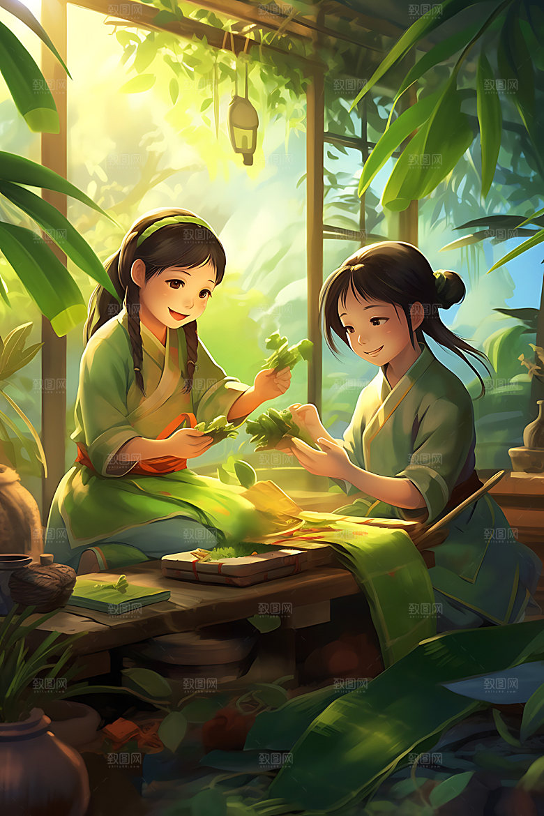 包粽子手绘端午插画