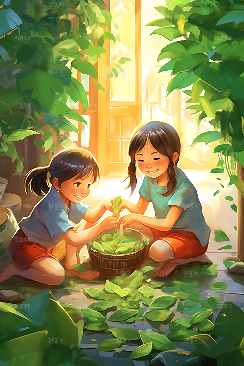 包粽子美食人物插画