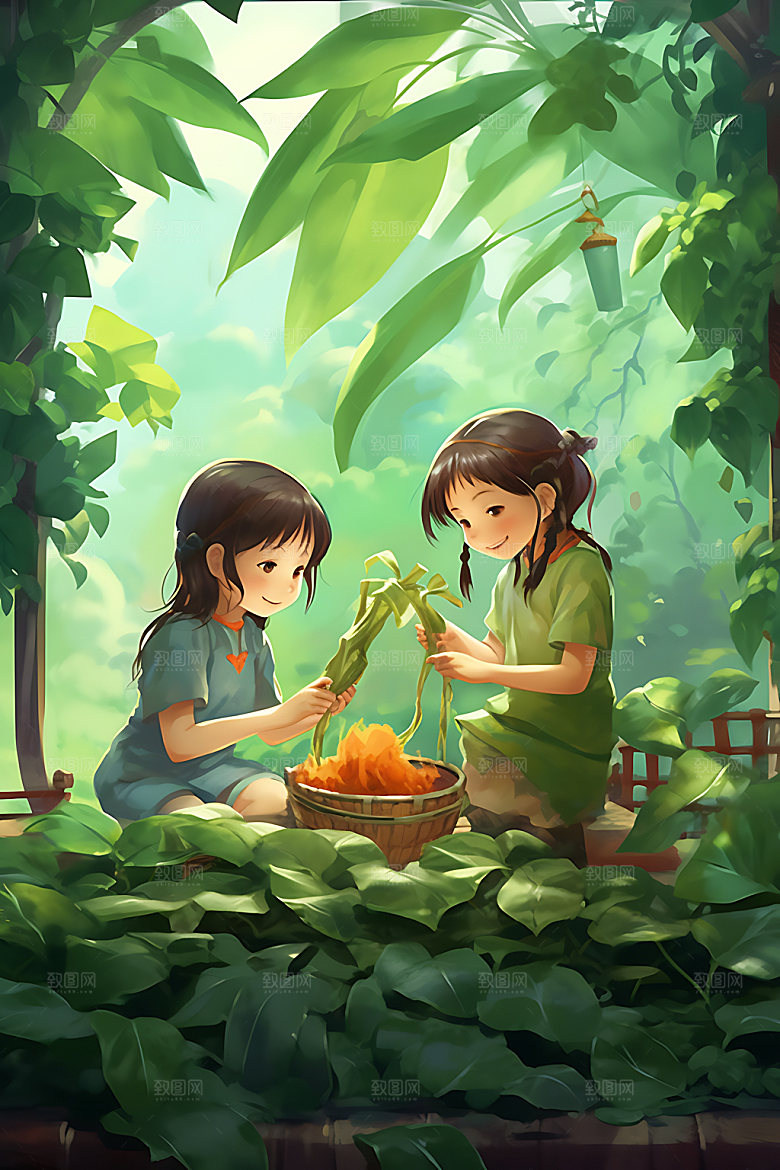 包粽子传统手绘插画