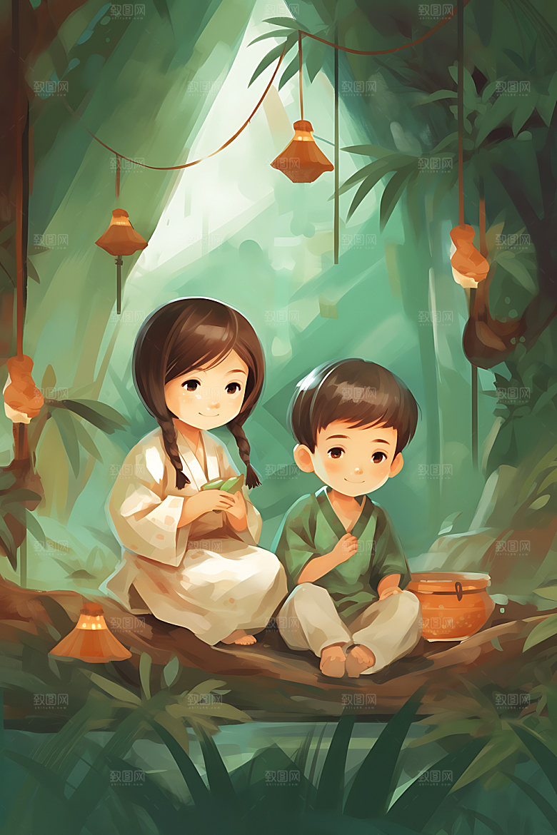 包粽子人物手工粽子插画