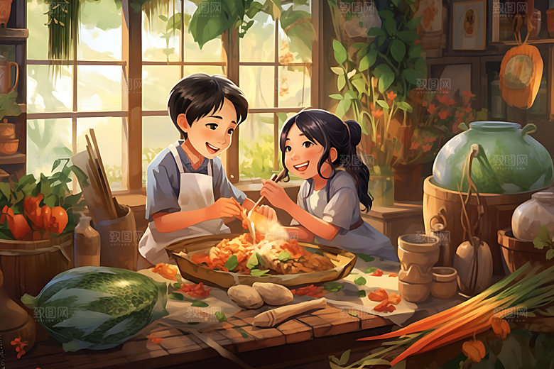包粽子手工粽子美食插画
