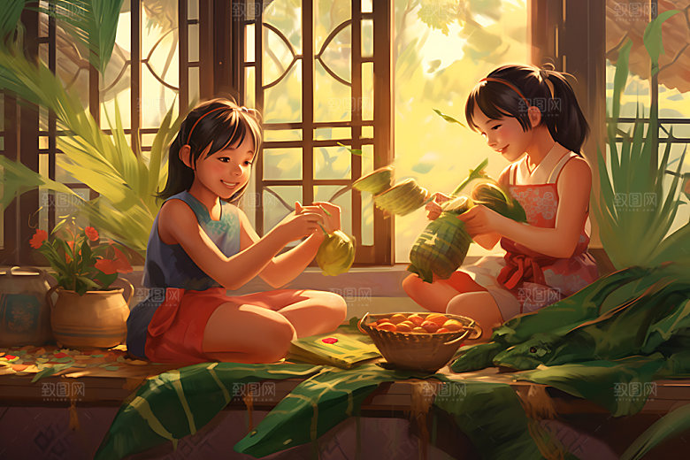 包粽子手绘手工粽子插画