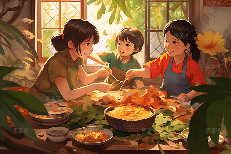 包粽子端午手绘插画