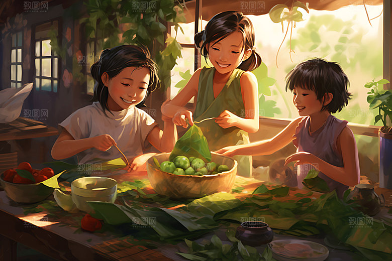包粽子人物手工粽子插画