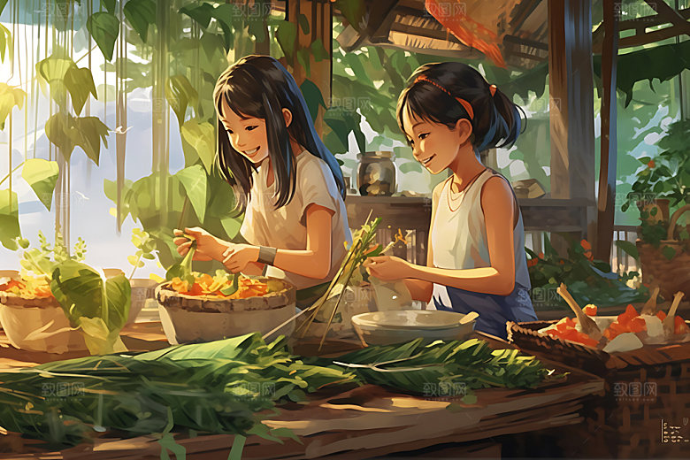 包粽子手工粽子美食插画