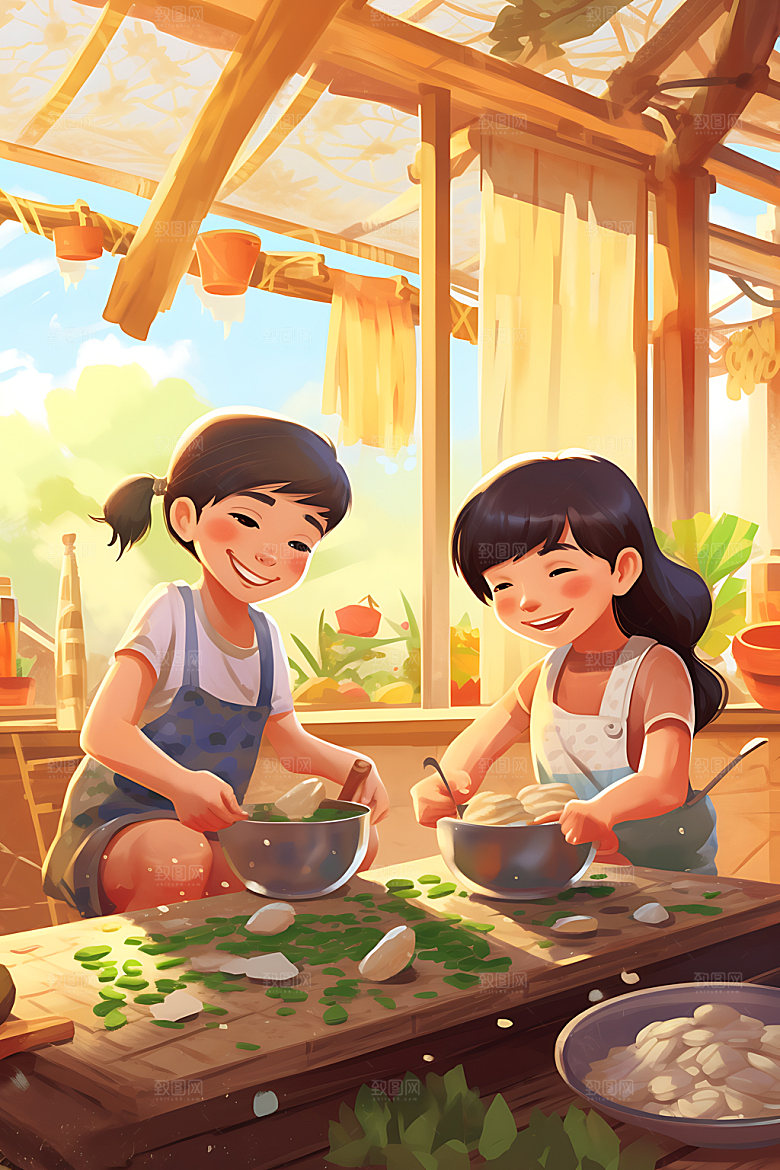 包粽子人物手工粽子插画