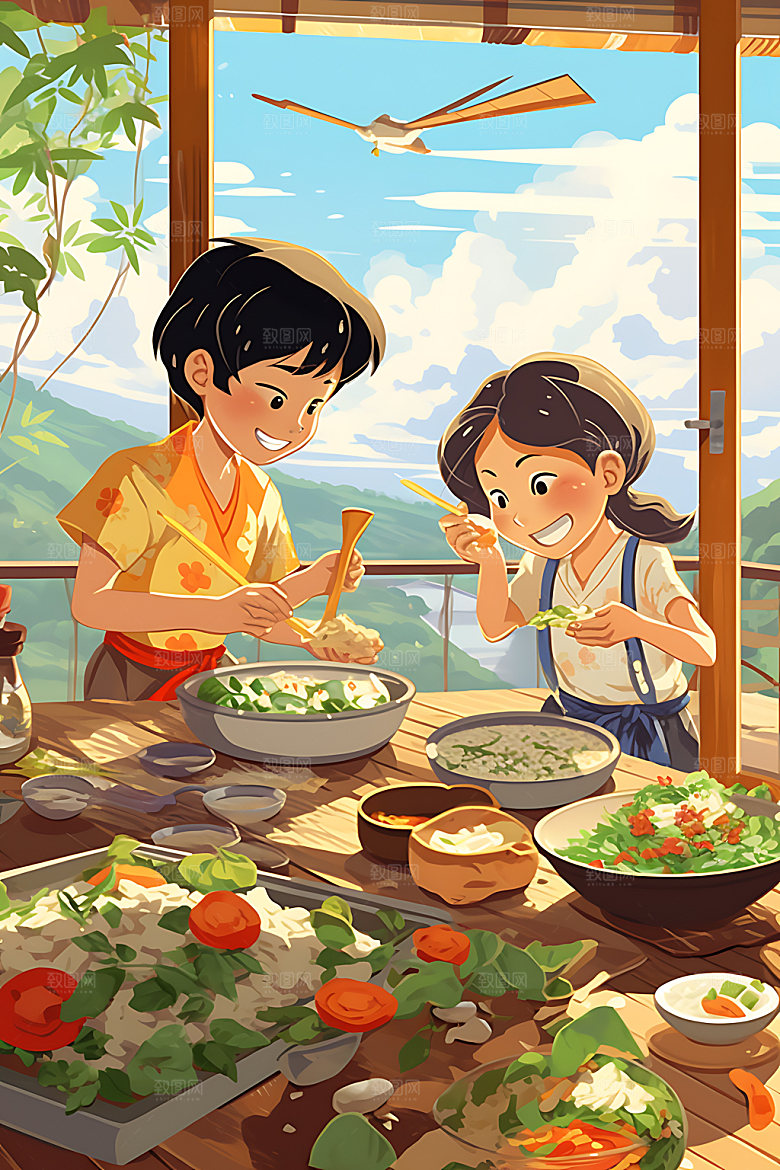 包粽子手绘传统插画