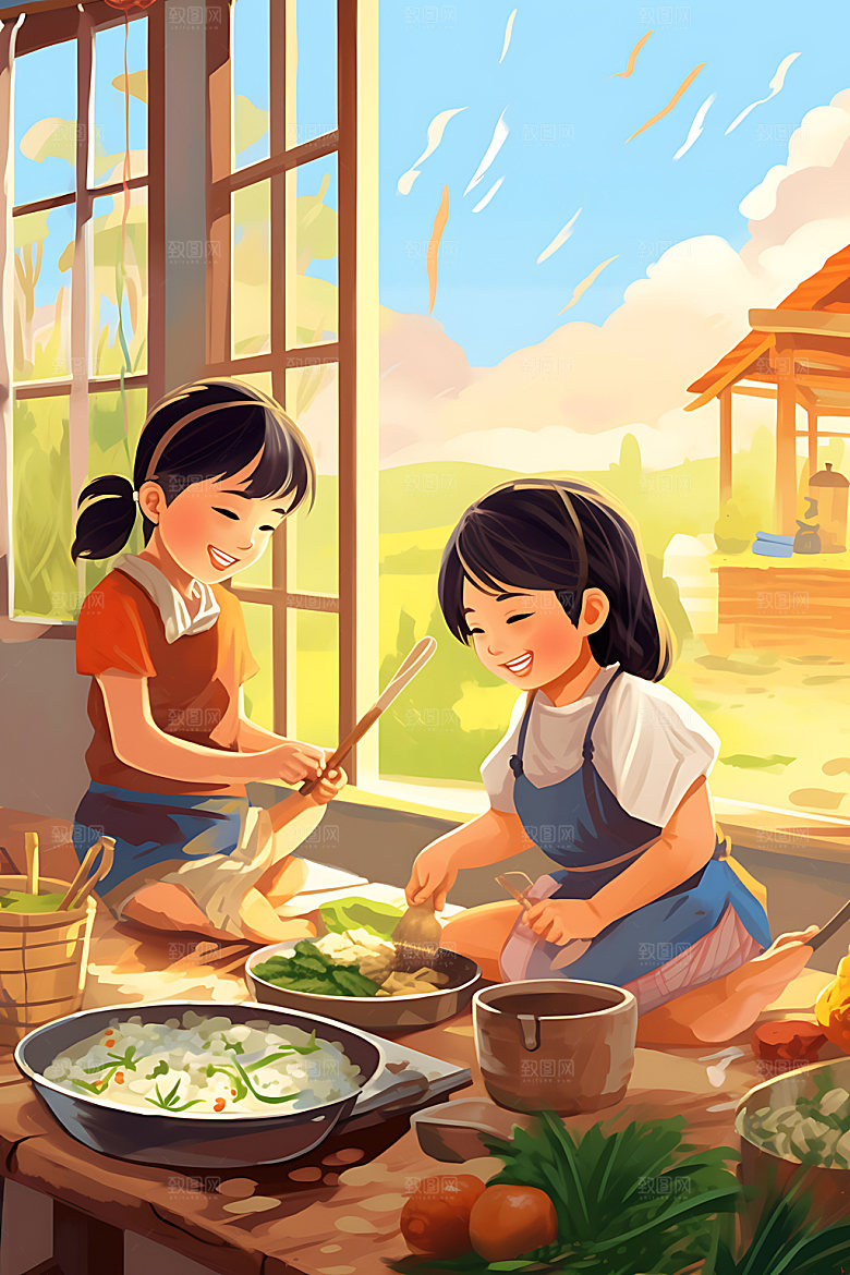 包粽子人物手工粽子插画