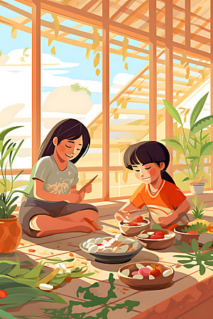 包粽子美食传统插画