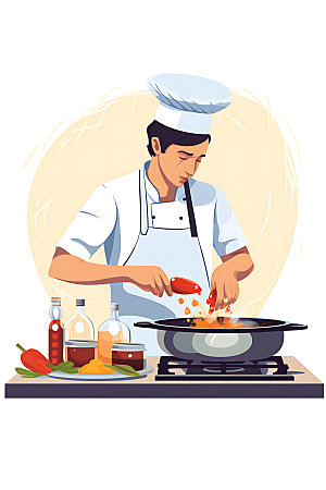 厨师烹调平面插画