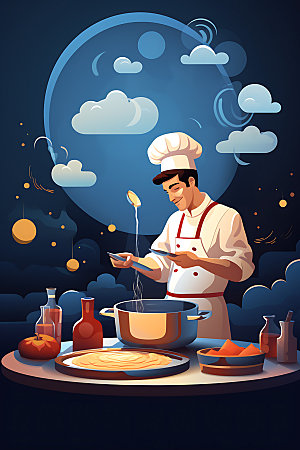 厨师美食制作平面插画