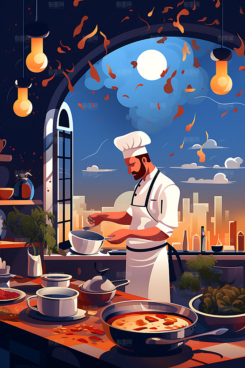 厨师平面美食制作插画