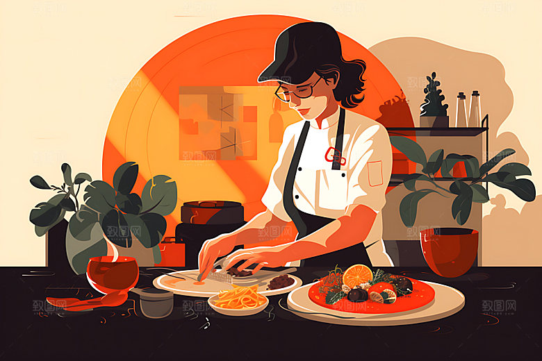 厨师美食制作餐饮扁平风插画