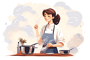 厨师烹饪美食制作扁平风插画
