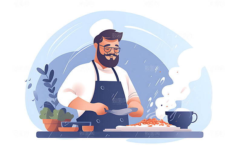 厨师厨房美食制作扁平风插画