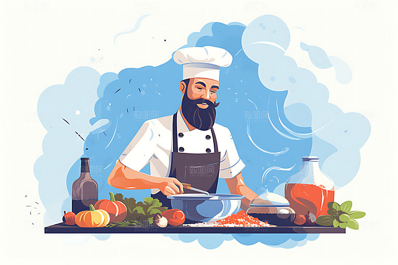 厨师美食制作烹饪扁平风插画