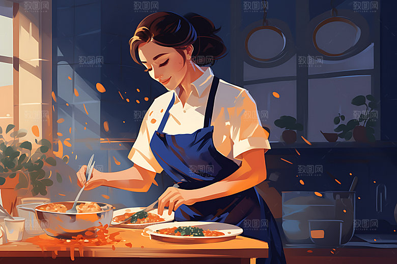 厨师大厨烹饪扁平风插画
